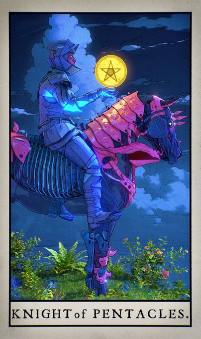 A tarot card titled "KNIGHT of PENTACLES." depicts an armored knight on horseback holding a glowing pentacle beneath a starry night sky, fitting the post's reference to "Tarot on eth" as a tarot-themed image.