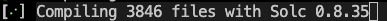 A dark terminal window displays a large Solidity "S" emblem overlaid on cascading green compilation output as the Solidity compiler (solc 0.8.35) processes 3,846 files in a clean rebuild to verify no false positives from cached results.