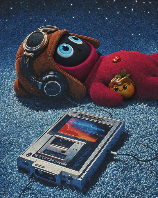 A whimsical digital artwork features a plush character wearing headphones lying on a blue textured surface next to a retro cassette player, with a small tomato character tucked under its arm under a starry night sky.