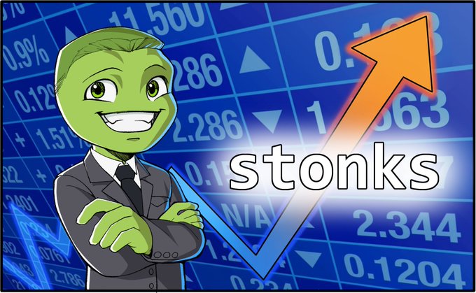 A green cartoon reptile in a business suit smiles confidently in front of a stock chart background, with the word "stonks" displayed alongside a large orange upward arrow. The image humorously reinforces the "$PERP" message by depicting the "Stonks" meme, commonly used to celebrate financial gains.
