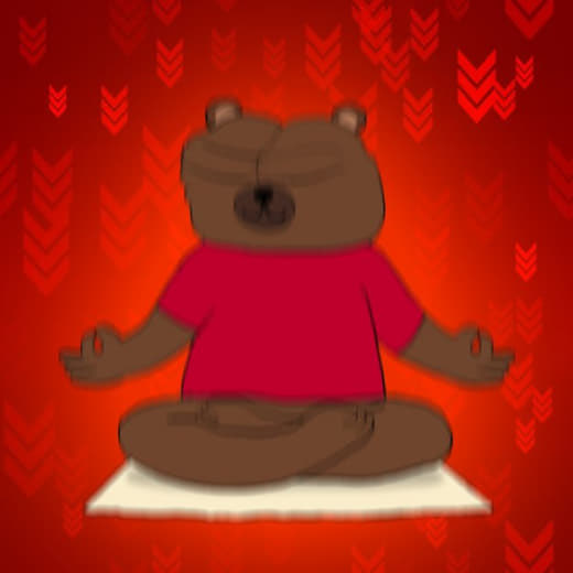 A brown bear wearing a red t-shirt sits in a meditative lotus pose on a white mat, against a vivid red background patterned with chevron arrows pointing downward. The peaceful, monk-like bear evokes zen calm amid the frenzied, bullish hype around the $BOBO token.