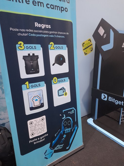 A promotional sign in Portuguese outlines contest rules with rewards of 3, 2, 1, and 0 goals for posting on social media, displaying prizes like backpacks, caps, and pillows, next to a 'Bitget' branded soccer goal.