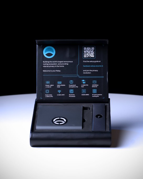 An open black product box displaying a black hardware device with a logo, accompanied by an info card describing it as a 'Relay' for anonymous routing, featuring a QR code and technical specifications.