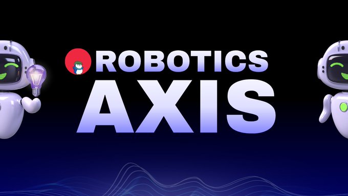 A banner for "ROBOTICS AXIS" featuring two cartoon robots flanking the white and purple text on a dark background, with a small penguin logo in a red circle.