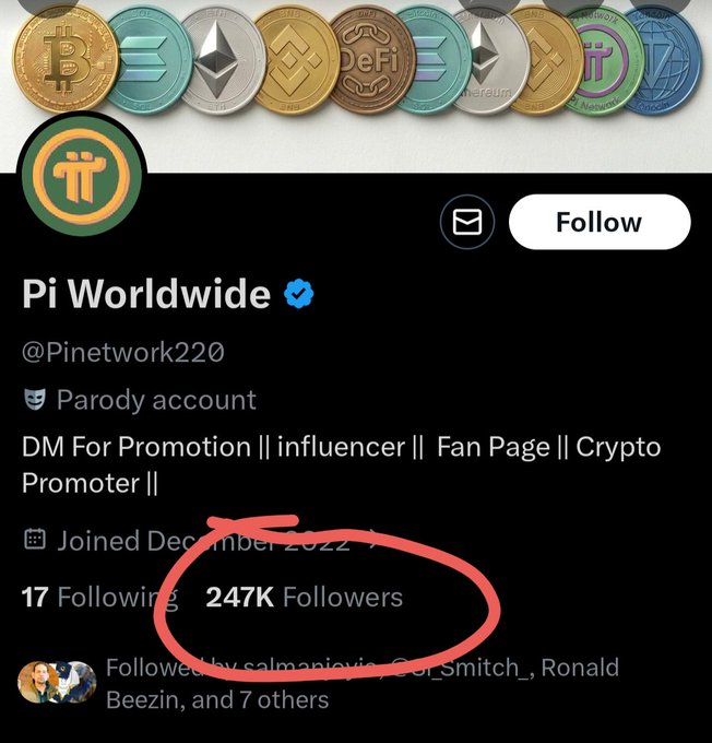 The image shows a Twitter profile for "Pi Worldwide" (@Pinetwork220), a parody account with 247K followers (circled in red), advertising crypto promotion services. This appears to be a promotional post using the account to advertise for $LUNC and #GreenpeaceUNITED.