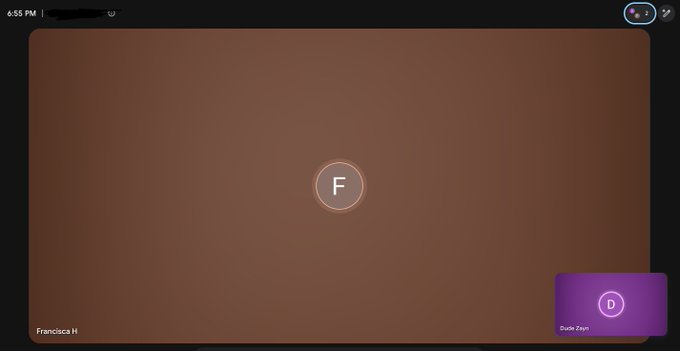 A video call screen displays a user named "Francisca H" with the letter "F" centered on a brown gradient background, alongside a smaller "D" icon labeled "Dude Zyam" in the bottom right corner. The minimalist interface, featuring only profile initials and participant names, reflects the secure, anonymous communication style associated with the CYPHERBOX platform.