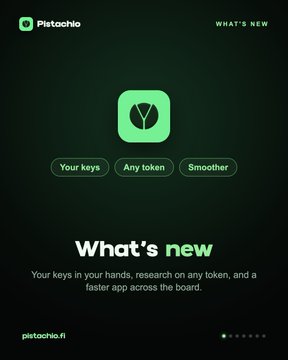 A dark green promotional screen for 'Pistocho' displaying a phone icon and buttons labeled 'Your keys', 'Any token', and 'Smoother' under the heading 'WHAT'S NEW' (URL: pistocho.fi).