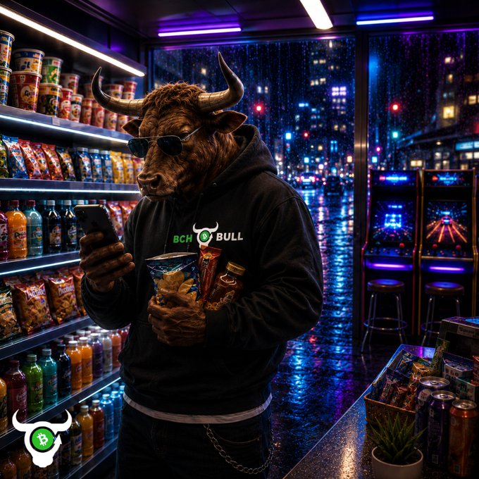 The image features a man dressed as a bull, standing inside a store with a variety of snacks displayed around him. The man is holding a bag of chips while looking at his cell phone. There are several bottles visible in the scene, which could be beverages or other items for sale. The post related to this image reads: "Cashing BCH Bull premiums for late-night snacks. This is what sound money feels like."