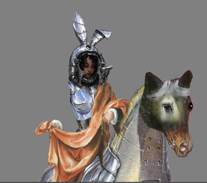 A figure in futuristic bunny-eared armor rides a horse draped in orange cloth, evoking a sci-fi knight aesthetic. While the post promotes VVV's NFT auction platform features (customization, RWA integration, and Telegram notifications), the image itself shows no related text or branding and only loosely thematically connects through its otherworldly, collectible-style art.