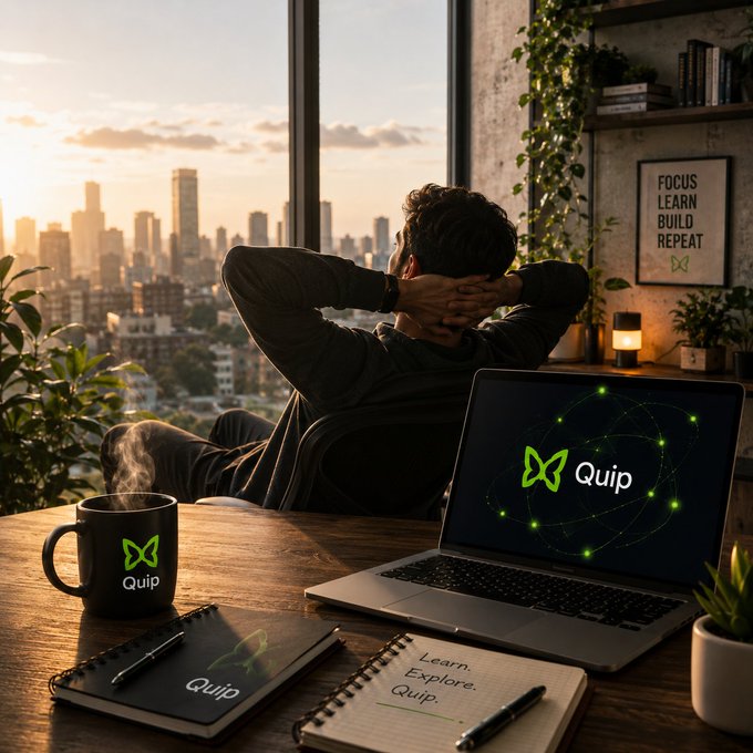 A man relaxes in a high-rise apartment overlooking a city skyline with his hands behind his head, next to a laptop displaying the "Quip" logo, a matching Quip coffee mug, and notebooks with the text "Learn. Explore. Quip."