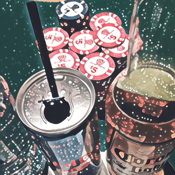 Two alcoholic beverages on a table covered with casino chips, including a silver can with a straw and a 'TOWER ICE' branded drink.