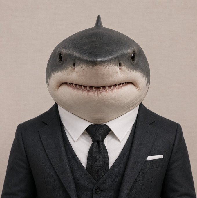 A surreal image of a shark's head superimposed onto a human body wearing a formal dark suit, white shirt, and black tie.