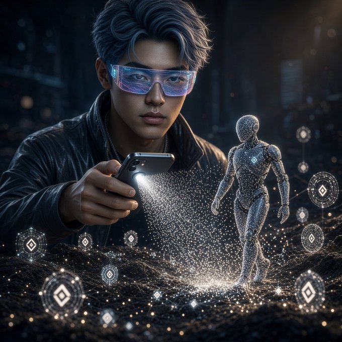 A digital art illustration of a young man wearing futuristic blue sunglasses and a black jacket, holding a smartphone whose light projects a glowing particle humanoid figure surrounded by diamond-shaped icons.