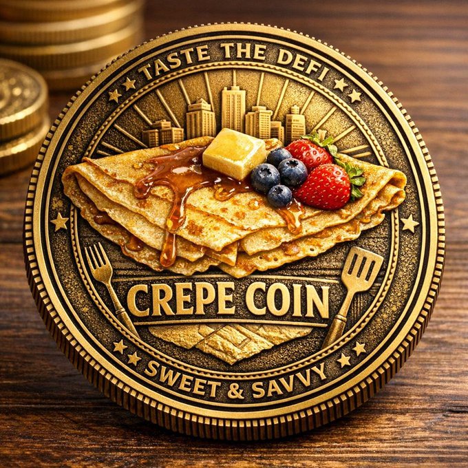 A gold commemorative coin featuring crepes with butter, syrup, and berries, inscribed with 'TASTE THE DEFI', 'CREPE COIN', and 'SWEET & SAVVY'.
