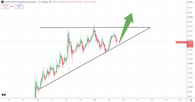 The image shows a 1-hour HYPE/USDT perpetual contract chart (TradingView) with price near 80.28 (down 0.33%) and a black ascending triangle pattern drawn in, accompanied by a large green arrow pointing upward toward the ~$83-85 resistance zone—aligning with the post's bullish outlook and RookieXBT's $90 target.