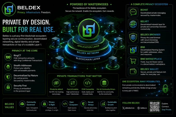 An infographic for 'BELDEX' blockchain promoting its privacy features, highlighting its 'BCHAT', 'BELNET', 'BNS MARKETPLACE', and 'BELDEX WALLET' ecosystem powered by masternodes.