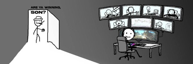 A stick figure mother peeking through a doorway asks "ARE YA WINNING, SON?" while her child sits at a multi-monitor gaming/computer setup, humorously illustrating someone deeply focused on monitoring their $SON token's upgraded Pro metrics on Moby.