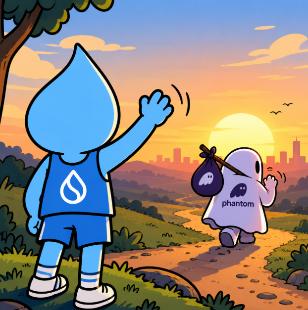 An illustration shows a blue water-drop character waving goodbye to a white ghost-like figure labeled 'phantom' that is walking away with a bindle at sunset.