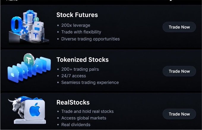 The image displays a promotional graphic from MEXC featuring three trading options—Stock Futures (with 200x leverage), Tokenized Stocks (200+ trading pairs, 24/7 access), and RealStocks (real dividends, global market access)—each with a "Trade Now" button and 0% fee branding, aligning with the post highlighting MEXC's zero-fee promotion across these investment products.