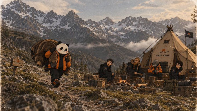 A stylized scene of mountaineers at a 'BASE CAMP' tent in a snowy mountain range, featuring a character wearing a panda head and carrying a large pack.