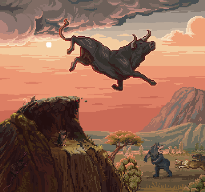 A pixel-art scene depicts a massive charging bull leaping across a chasm between cliffs at sunset, with a smaller bear figure standing below—evoking the classic "bull vs. bear" market symbolism to represent the current situation on the market.