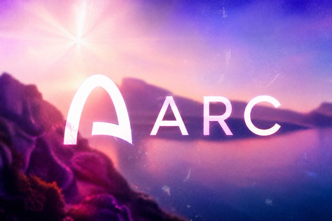 A scenic landscape with purple and pink hues featuring a lake, mountains, and a bright sun, overlaid with the 'ARC' logo.