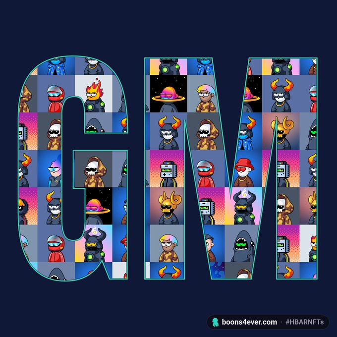 A promotional graphic for boons4ever.com featuring the letters 'CNM' filled with a collage of cartoon character NFT avatars, with the hashtag '#HBARNFTs' displayed at the bottom right.