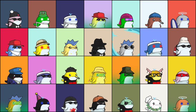 A grid collage of 28 colorful cartoon penguin characters, each wearing unique hats and accessories including sunglasses, party hats, cowboy hats, and various headwear, displayed in differently colored square frames.