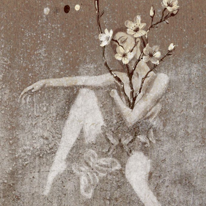 The image features an abstract painting with a woman's head and body depicted as branches with flowers growing out of them. The background appears to be a brown color, which contrasts with the white flowers and adds depth to the artwork. The artist has also included a watermark that reads "Sold Edition My lovely friend @puchi_frog collected another piece of this work, you have a heart of gold dear, Thanks Silent Growth 3/5 ▪︎ xtz".