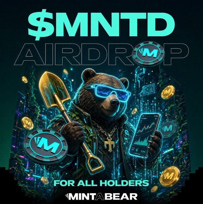 A promotional graphic for a crypto airdrop featuring an anthropomorphic bear wearing sunglasses and holding a golden shovel, displaying '$MNTD AIRDROP' at the top, 'FOR ALL HOLDERS' and 'MINTABEAR' at the bottom, with floating VM-branded coins.