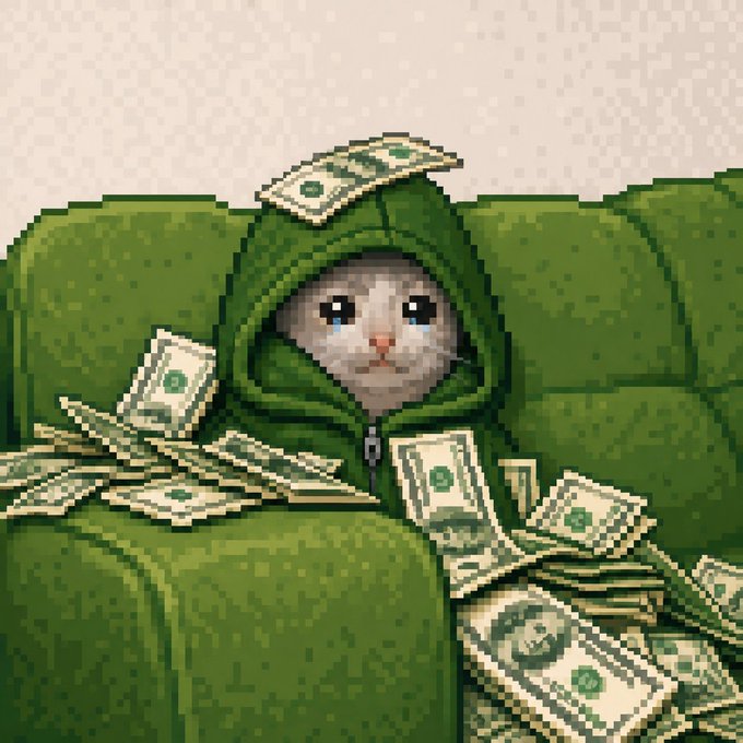 A pixel-art style illustration of a crying cat wearing a green hoodie, surrounded by scattered dollar bills on a green couch.
