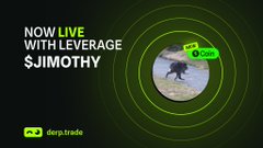 A promotional graphic featuring a frog in concentric green circles with the text "NOW LIVE WITH LEVERAGE $JIMOTHY" and the "perp.trade" logo, announcing the launch of leveraged trading for the $JIMOTHY token.