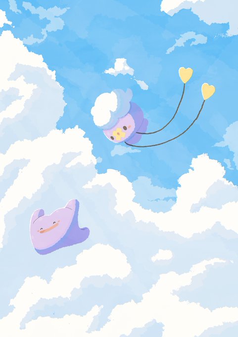 A cute Ditto-like purple Pokémon floats through fluffy clouds, reaching up to hold heart-shaped balloons alongside a smiling smiling cloud character. The whimsical Pokémon artwork fits the "Metamon Summary ⑥" post as a lighthearted visual celebrating another milestone or update in the Metamon series.