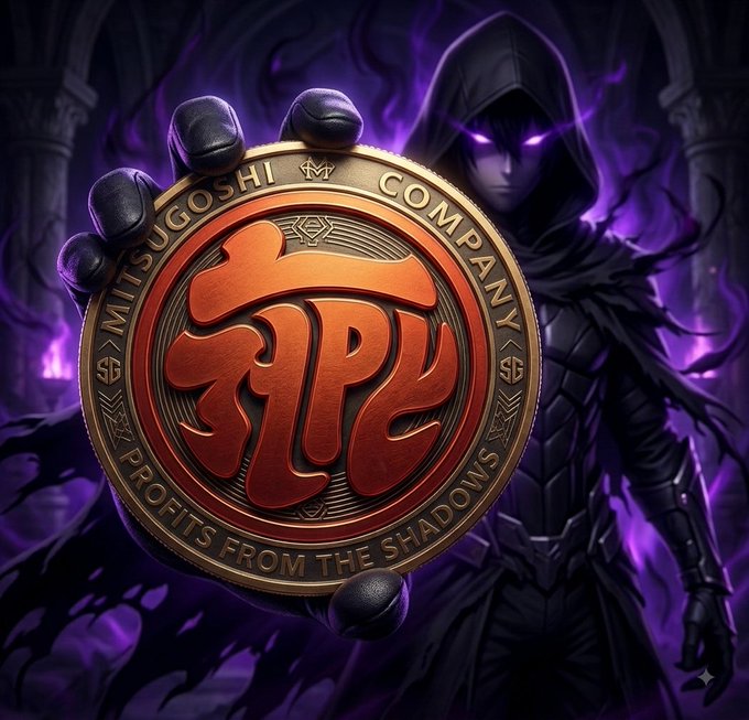A fantasy-themed digital artwork showing a dark hooded figure with glowing purple eyes holding a large copper coin that reads 'MITSUGOSHI COMPANY' and 'PROFITS FROM THE SHADOWS' with the word '荒い' in the center.