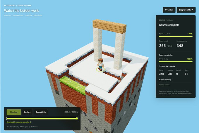 A 3D building game interface showing a completed brick structure with stats like "Course complete," "Blocks moved 256 / 256," and "Resource score 348."