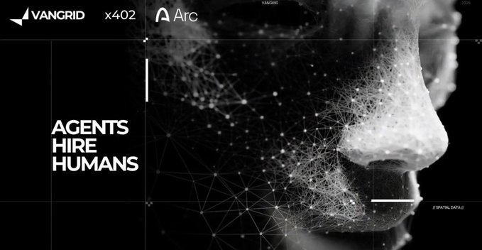 A promotional graphic for VANGRID x402 featuring a digital wireframe face with the text 'AGENTS HIRE HUMANS'.