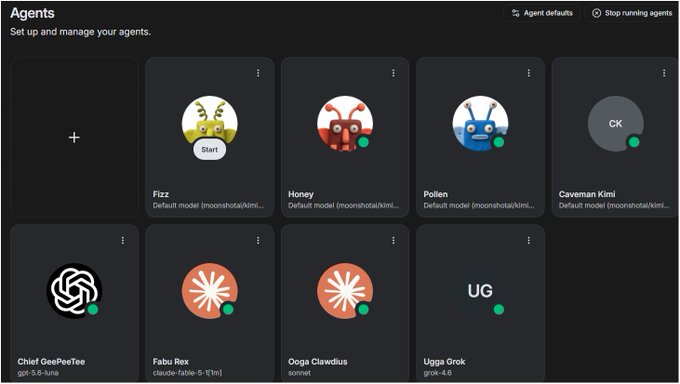 A screenshot of an "Agents" dashboard showing various AI characters—Fizz (Start), Honey, Pollen, Caveman Kimi, Chief GeePeeTee (gpt-5.6-luna), Fabu Rex (claude-faike-5-[lite]), Ooga Clawdius (sonnet), and Ugga Grok (grok-4.6)—with online status indicators, aligning with the "🍌s" reference likely pointing to the Gemini-powered banana-themed AI agents in the collection.