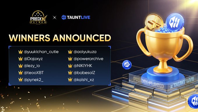 A 'WINNERS ANNOUNCED' graphic for a collaboration between 'PREDIX PLINKO' and 'TAUNT LIVE', featuring a golden trophy on a podium and a list of winning Twitter handles including @yuukichan_cutie, @Dajaxyz, and @NIKIYHK.