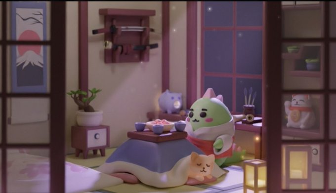 An illustrated scene of a green cat-like character enjoying tea at a kotatsu table in a cozy traditional Japanese interior, with a small dog sleeping nearby.