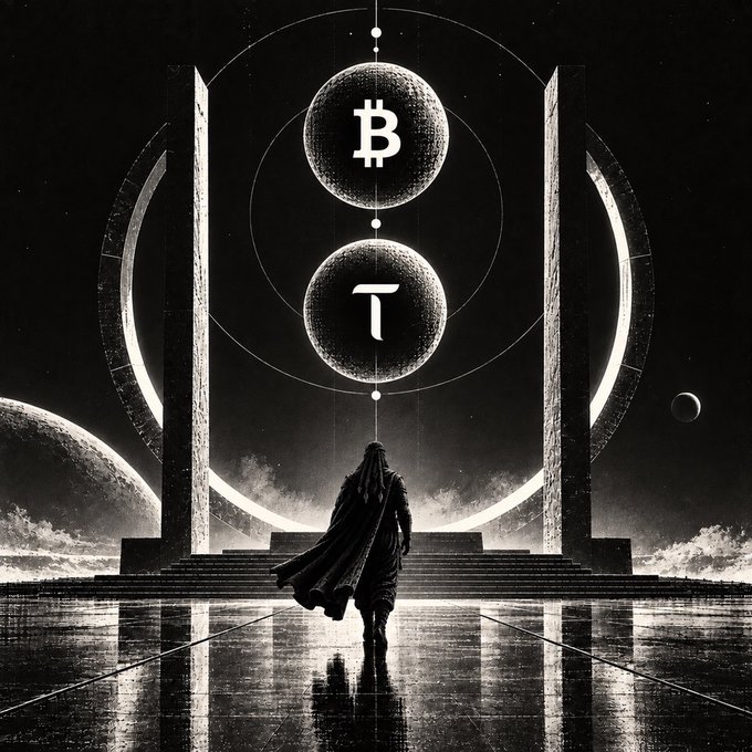 A hooded traveler walks toward a massive circular gateway displaying two suspended spheres marked with the **₿** (Bitcoin) and **T** (likely Tether or another ticker) symbols, set against a cosmic black-and-white backdrop. The image visually embodies the post's quip by portraying a lone, pioneering figure—evoking an original, old-school Bitcoin OG from 2011—approaching crypto's monumental threshold.