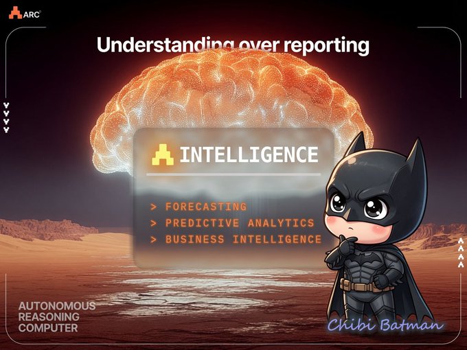 A graphic titled 'Understanding over reporting' by ARC, featuring a large glowing brain, a chibi Batman character, and text about 'INTELLIGENCE,' 'FORECASTING,' 'PREDICTIVE ANALYTICS,' and 'BUSINESS INTELLIGENCE' for an 'AUTONOMOUS REASONING COMPUTER'.