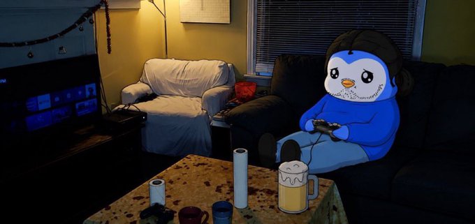 The image shows a living room scene with an anime-style penguin character wearing a blue hoodie and headphones, sitting on a black couch while holding a game controller. A cozy armchair and a TV are visible in the background, with a wooden coffee table in the foreground displaying various mugs and a drawn beer mug.

The illustration ties into the "gm" (good morning) greeting and active community engagement theme of the post, presenting a relaxed, gamer-friendly vibe that encourages followers to participate in the giveaway by staying active and interacting.