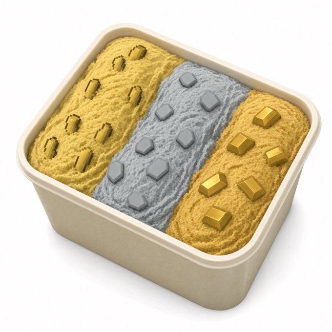 A 3D render shows a rectangular container filled with textured sand-like material, with embedded gold and silver metallic blocks arranged in vertical stripes.