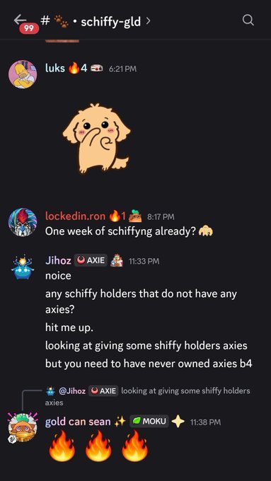 A screenshot of a Discord chat in the #schiffy-gld channel with users discussing Schiffy and AXIE NFTs. Notable messages include 'luks' reacting with fire emojis, 'lockedin_ron' noting 'One week of schiffyng already?', and 'Jihoz' asking about Schiffy holders who don't have Axies.