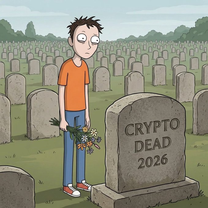 A cartoon illustration of a boy in an orange shirt holding flowers at a grave marked 'CRYPTO DEAD 2026' in a large cemetery.