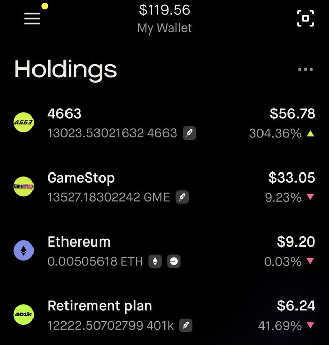 A mobile wallet 'Holdings' screen showing a total balance of $119.56, with assets including 4663 ($56.78), GameStop/GME ($33.05), Ethereum/ETH ($9.20), and a Retirement plan/401k ($6.24).