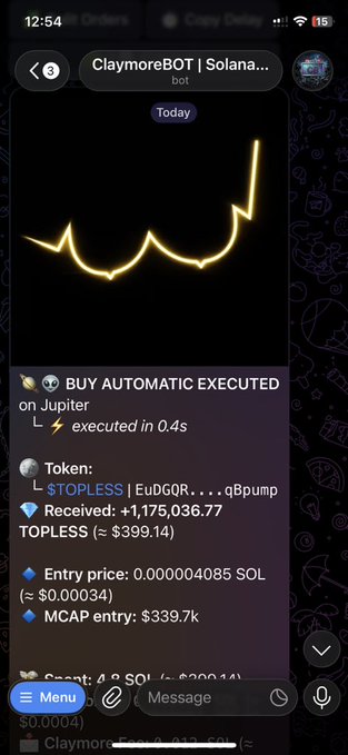 The image shows a phone screen with a message from someone named "Claymore Bot". The message displays an upward trend of a graph or chart, which appears to be related to cryptocurrency trading. It seems that Claymore Bot has just executed a trade for 0.8 Sol and is now waiting for the transaction to complete.