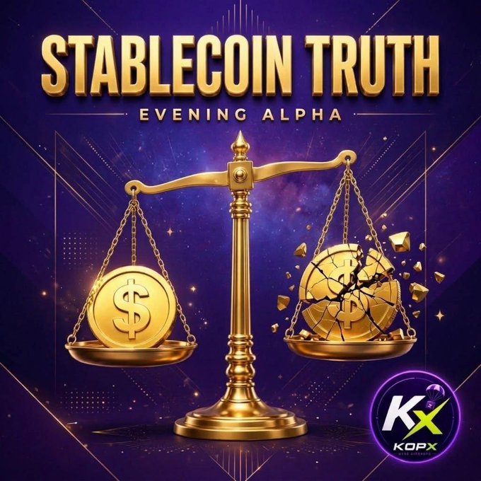 A digital graphic titled 'STABLECOIN TRUTH' and 'EVENING ALPHA' shows a gold scale weighing a dollar coin against a shattering dollar coin, with a 'KOPX' logo in the corner.
