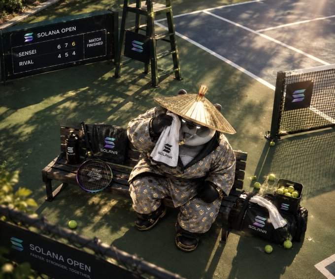A panda dressed in traditional Japanese attire and a straw hat sits on a bench on a tennis court, wiping its face with a Solana-branded towel after a match. The scoreboard shows the "Solana Open" where "Sensei" defeated "Rival" 6-4, 7-5, 6-4, with signage reading "Solana - Faster, Stronger, Together," tying into the post's celebration of the Solana community.