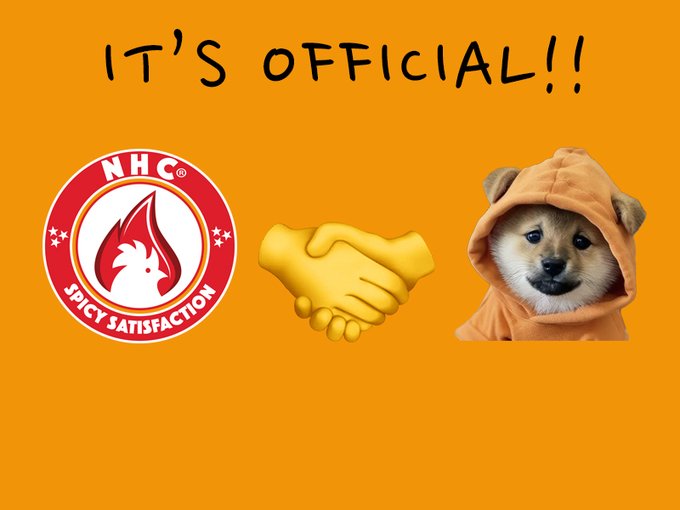 The image features a bright orange background with "IT'S OFFICIAL!!" written at the top, alongside an NHC (Spicy Satisfaction) logo, a handshake emoji, and the iconic Doge dog in an orange hoodie—visually announcing a partnership between NHC sauce and the $DOG meme coin.